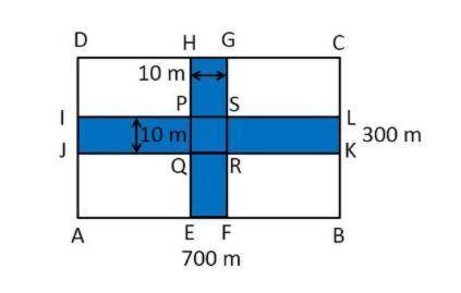 Two cross roads, each of width 10 m, cut a right angles through the centre of a rectangular park of