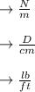 \rightarrow{\frac{N}{m}}\\\\\rightarrow\frac{D}{cm}  \\\\\rightarrow\frac{lb}{ft}