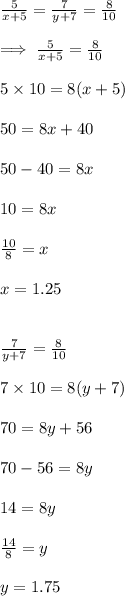 \frac{5}{x + 5}  =  \frac{7}{y + 7}  =  \frac{8}{10}  \\  \\  \implies \frac{5}{x + 5}  =  \frac{8}{10}  \\  \\ 5 \times 10 = 8(x + 5) \\  \\ 50 = 8x + 40 \\  \\ 50 - 40 = 8x \\  \\ 10 = 8x \\  \\  \frac{10}{8}  = x \\  \\ x = 1.25 \\  \\  \\ \frac{7}{y + 7}  =  \frac{8}{10} \\  \\ 7 \times 10 = 8(y + 7) \\  \\ 70 = 8y + 56 \\  \\ 70 - 56 = 8y \\  \\ 14 = 8y \\  \\  \frac{14}{8}  = y \\  \\ y = 1.75