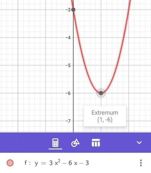 Which equation represents a graph with a vertex at (1, -6)?

A. y=3x2+6x–3
B. y=3x2-6x-3
C. y=3x2-8x