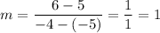 \displaystyle m=\frac{6-5}{-4-(-5)}=\frac{1}{1}=1