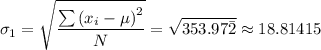 \sigma_1 =\sqrt{\dfrac{\sum \left (x_i-\mu  \right )^{2} }{N}} = \sqrt{353.97\bar 2 }  \approx 18.81415