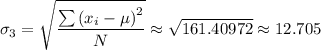 \sigma_3 =\sqrt{\dfrac{\sum \left (x_i-\mu  \right )^{2} }{N}} \approx \sqrt{161.40972 }  \approx 12.705