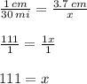 \frac{1 \: cm}{30 \: mi}  =  \frac{3.7 \: cm}{x}  \\  \\  \frac{111}{1}  =  \frac{1x}{1}  \\  \\ 111 = x