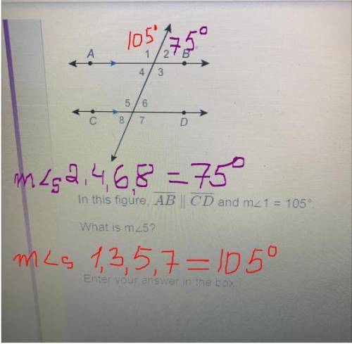 1

2
B
4
3
5
6
С
8
7
D
In this figure, AB | CD and m_1 = 105°
What is m25?
Enter your answer in the