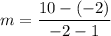 m=\dfrac{10-(-2)}{-2-1}