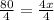 \frac{80}{4}=\frac{4x}{4}