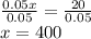 \frac{0.05x}{0.05}=\frac{20}{0.05}\\x=400