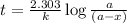 t=\frac{2.303}{k}\log \frac{a}{(a-x)}