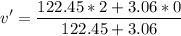 \displaystyle v'=\frac{122.45 * 2+3.06 * 0}{122.45+3.06}