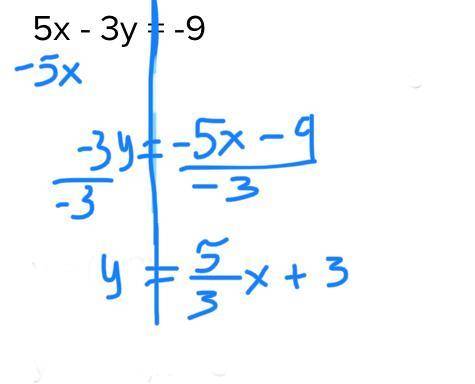 Write in slope intercept form

5x - 3y = -9
Group of answer choices
y = (5/3)x + 9
y = (5/3)x - 3
y