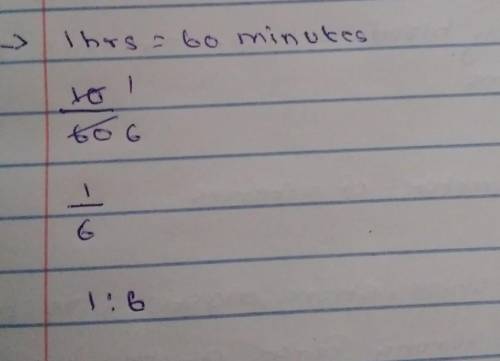 You spend 10 minutes playing video games. You then spend 1-hour doing homework. Write the ratio of t