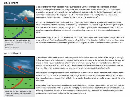 Use the diagram to answer questions 1 and 2.

1. What type of front is Front A?
A. cold front
B. war