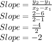 Slope=\frac{y_2-y_1}{x_2-x_1}\\Slope=\frac{2-6}{2-1}\\Slope=\frac{-4}{2}\\Slope=-2