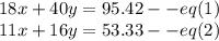 18x+40y=95.42--eq(1)\\11x+16y=53.33--eq(2)