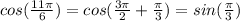 cos (\frac{11\pi }{6} ) = cos ( \frac{3\pi }{2} + \frac{\pi }{3} ) = sin(\frac{\pi }{3})