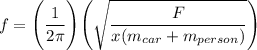 f = \Bigg ( \dfrac{1}{2 \pi}  \Bigg )   \Bigg( \sqrt{\dfrac{{F}}{x(m_{car}+m_{person})} }  \Bigg )