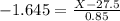 -1.645 = \frac{X - 27.5}{0.85}