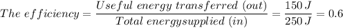 The \ efficiency = \dfrac{Useful  \ energy  \ transferred  \ (out)}{Total \  energy supplied  \ (in)}   = \dfrac{150 \, J}{250 \, J} = 0.6