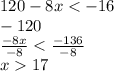 120 -8x <  -16\\- 120\\\frac{-8x}{-8}  < \frac{-136}{-8}\\x  17