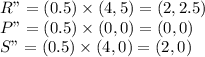 R"=(0.5)\times(4,5)=(2,2.5)\\P"=(0.5)\times(0,0)=(0,0)\\S"=(0.5)\times(4,0)=(2,0)\\