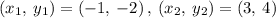 \left(x_1,\:y_1\right)=\left(-1,\:-2\right),\:\left(x_2,\:y_2\right)=\left(3,\:4\right)