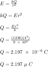 E = \frac{kQ}{r^2} \\\\kQ = Er^2\\\\Q = \frac{Er^2}{k} \\\\Q = \frac{(1236)(4^2)}{9 \ \times \ 10^9} \\\\Q = 2.197 \ \times \ 10^{-6} \ C\\\\Q = 2.197 \ \mu \ C