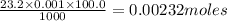 \frac{23.2\times 0.001\times 100.0}{1000}=0.00232moles