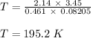 T = \frac{2.14 \ \times \ 3.45}{0.461 \ \times \ 0.08205} \\\\T = 195.2 \ K