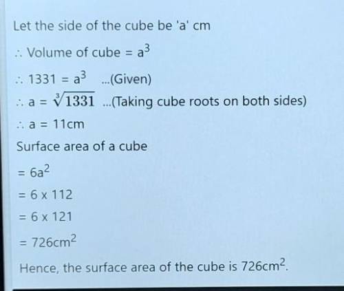 The volume of a solid cube is 1331cm3. Work out the surface area.