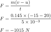 F=\dfrac{m(v-u)}{t}\\\\F=\dfrac{0.145\times (-15-20)}{5\times 10^{-3}}\\\\F=-1015\ N