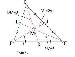M is the centroid of △DEF. There is a triangle DEF in which J, K, and L are the points on the side D
