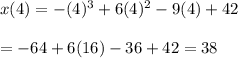 x(4)=-(4)^3+6(4)^2-9(4)+42\\\\=-64+6(16)-36+42=38