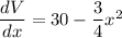 \dfrac{dV}{dx}=30-\dfrac{3}{4}x^2