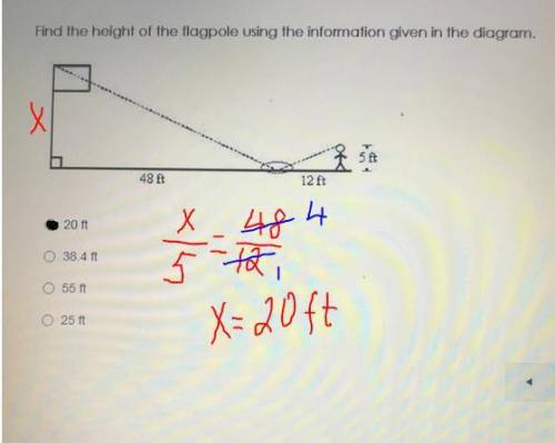 Please help!! :D

find the height of the flagpole using the information given in the diagram
A: 20 f