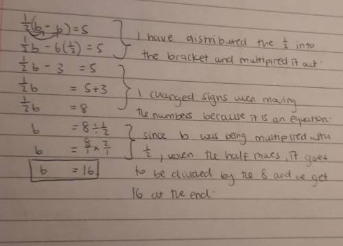 1/2(b-6)=5 
Whats B?
And how did you get it??