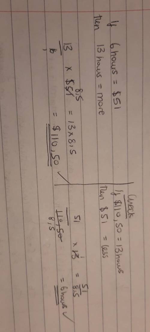 The money you make for a job varies directly with the amount of hours

that you work. If $51.00 is e