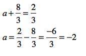 Hat is the solution for the equation?

a + StartFraction 8 over 3 EndFraction = two-thirds
a = negat