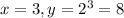  x= 3,  y = 2^{3}  =8  