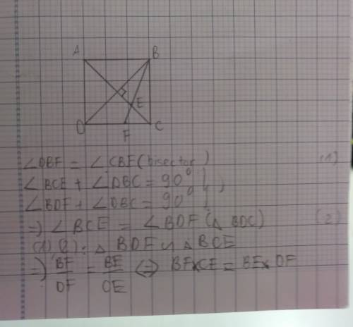 Abcd is a square . the bisector of angle dbc cuts ac and cd at e and f respectively.prove that bfx c