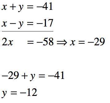 The sum of two numbers is -41. The difference of the two numbers is -17. What are the two numbers?