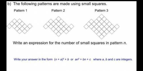 Write an expression for the number of small squares in pattern n
Please properly answer.