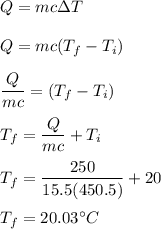 Q=mc\Delta T\\\\Q=mc(T_f-T_i)\\\\\dfrac{Q}{mc}=(T_f-T_i)\\\\T_f=\dfrac{Q}{mc}+T_i\\\\T_f=\dfrac{250}{15.5(450.5)}+20\\\\T_f=20.03^{\circ} C