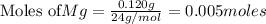 \text{Moles of} Mg=\frac{0.120g}{24g/mol}=0.005moles