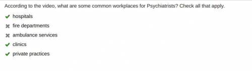 According to the video, what are some common workplaces for Psychiatrists? Check all that apply.

ho