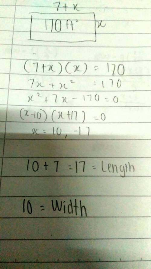 The length of a rectangular storage room is 7 feet longer than its width. if the area of the room is