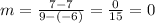 m = \frac{7-7  }{9-(-6)  } = \frac{0}{15} = 0