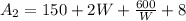 A_2 = 150 + 2W + \frac{600}{W} + 8