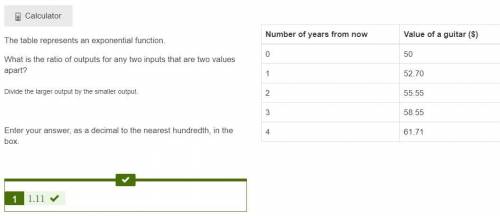 The table represents an exponential function.

What is the ratio of outputs for any two inputs that