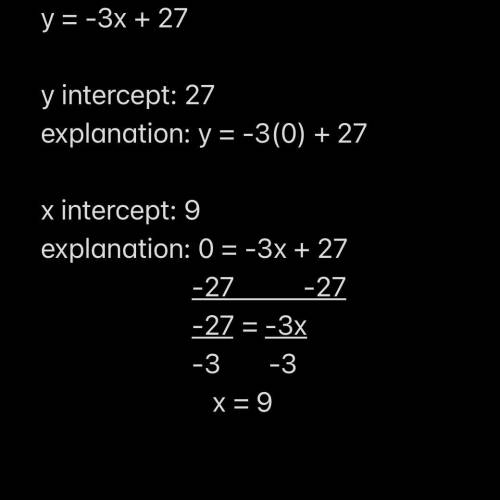 Find the x- and y-intercepts for the following equation:
y=-3x + 27